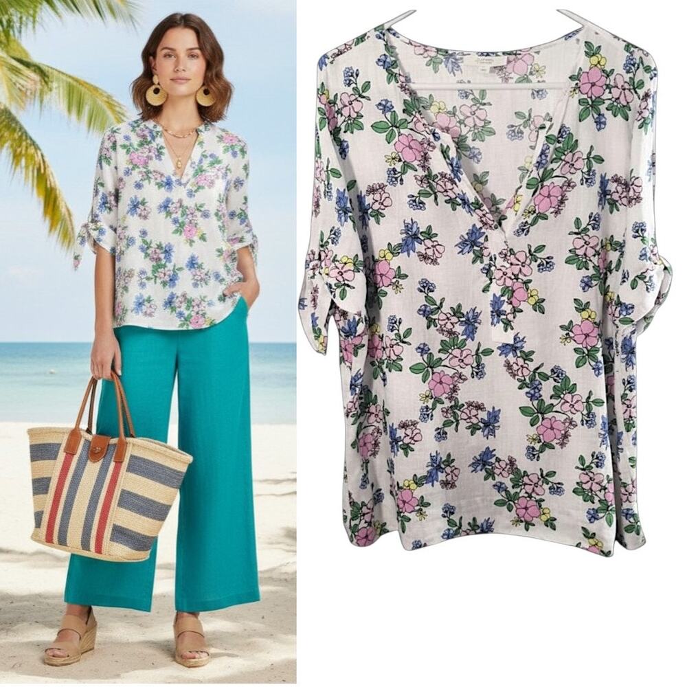 Charter Club Luxury Linen Top Women's  Sz L Multi Floral V-Neck Tie Sleeve Tunic